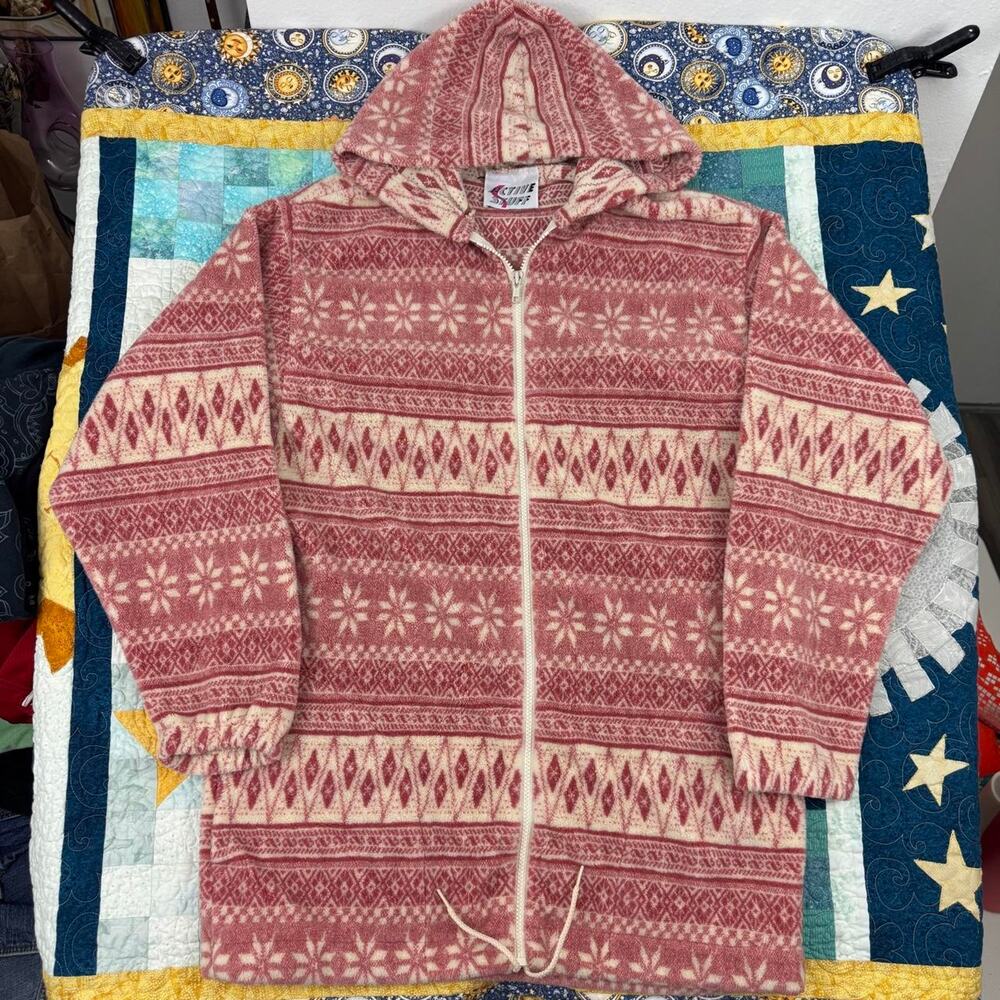 90s Active Stuff Full Zip Fleece Hoodie Parka Jacket Pink White Nordic Snowflake